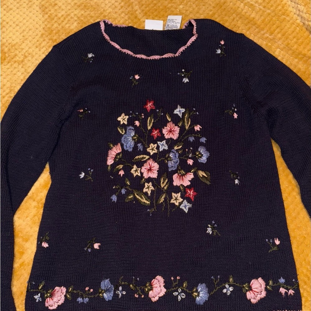 Bobbie Brooks Navy Sweater with Floral Embroidery